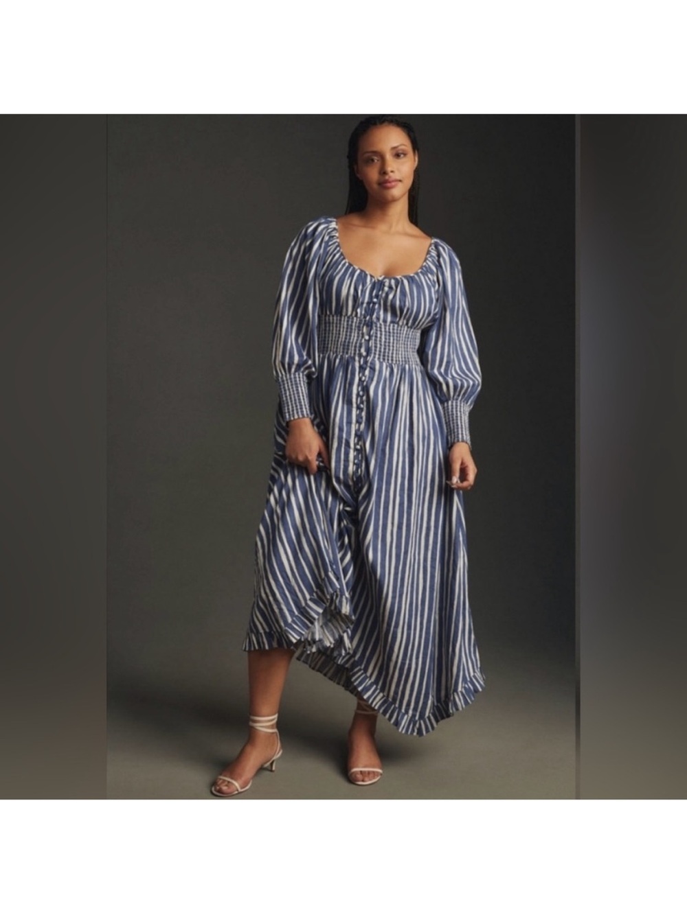 Anthropologie Striped Blue Puff-Sleeve Midi Dress